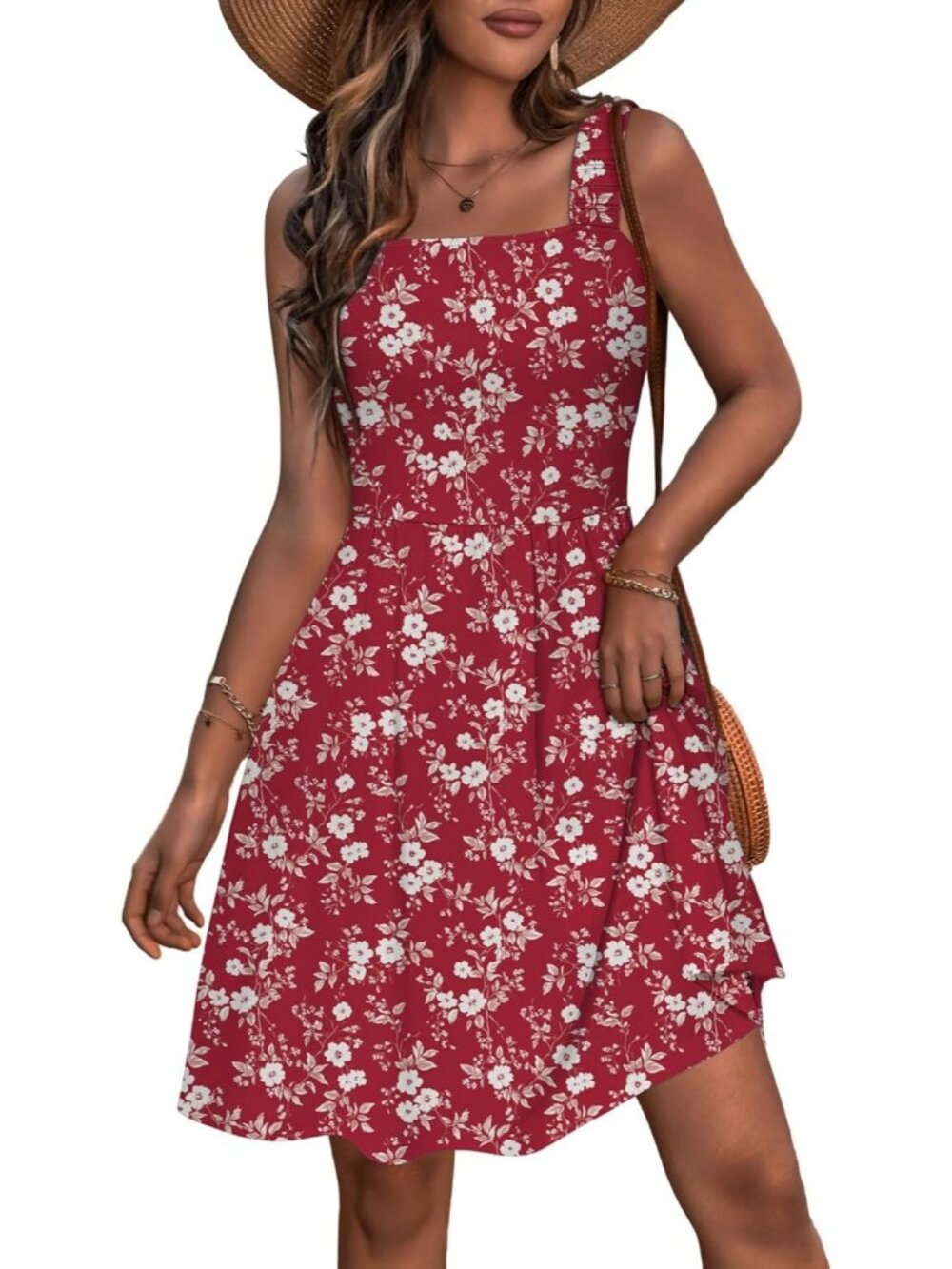 Women's Dress Midi Red Scoop Neck Sleeveless Smocked Vacation Casual Summer - Picture 1 of 5